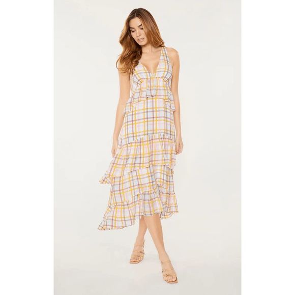 NWT CINQ À SEPT Astor Sleeveless Tiered Plaid Maxi Dress in Size 10 White Multi - Picture 1 of 7